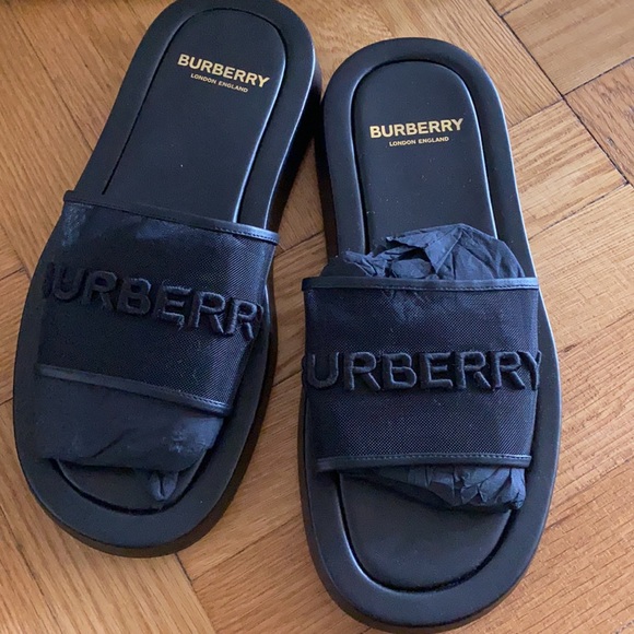 Burberry Embroidered Logo Mesh and Leather Slides - Picture 4 of 9